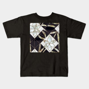 Black Onyx and Mother of Pearl Flowers - Seamless Floral Pattern Kids T-Shirt